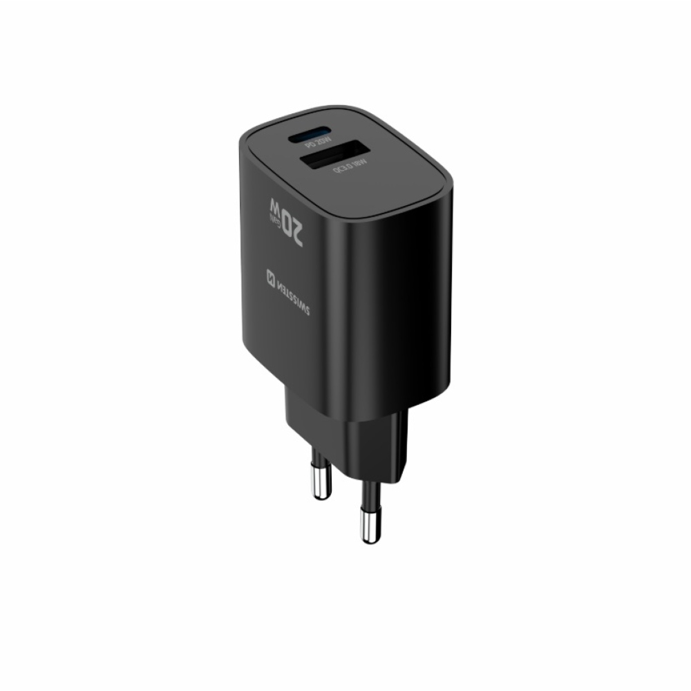 SWISSTEN edge GaN hálózati adapter 1x USB-C PD 20W + 1x USB-A 18W QC - fekete