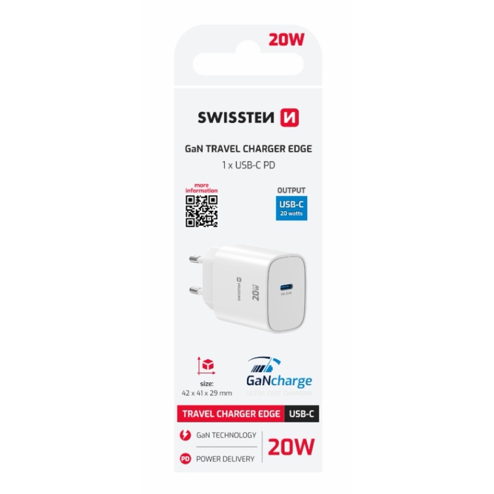 SWISSTEN edge GaN 1x USB-C PD 20W-os hálózati adapter - fehér
