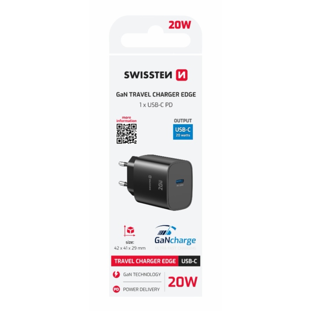 SWISSTEN edge GaN 1x USB-C PD 20W-os hálózati adapter - fekete