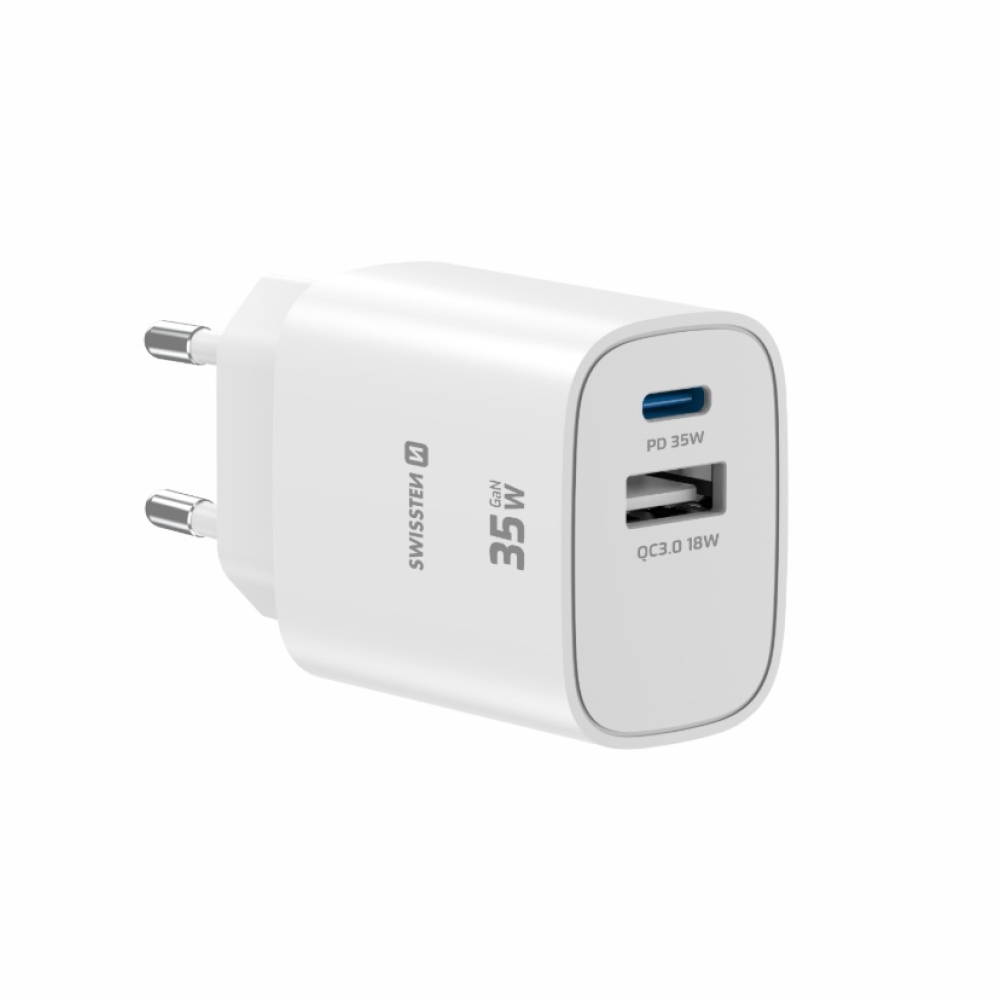 SWISSTEN edge GaN hálózati adapter 1x USB-C PD 35W + 1x USB-A 18W QC - fehér