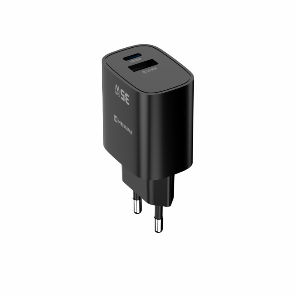SWISSTEN edge GaN hálózati adapter 1x USB-C PD 35W + 1x USB-A 18W QC - fekete