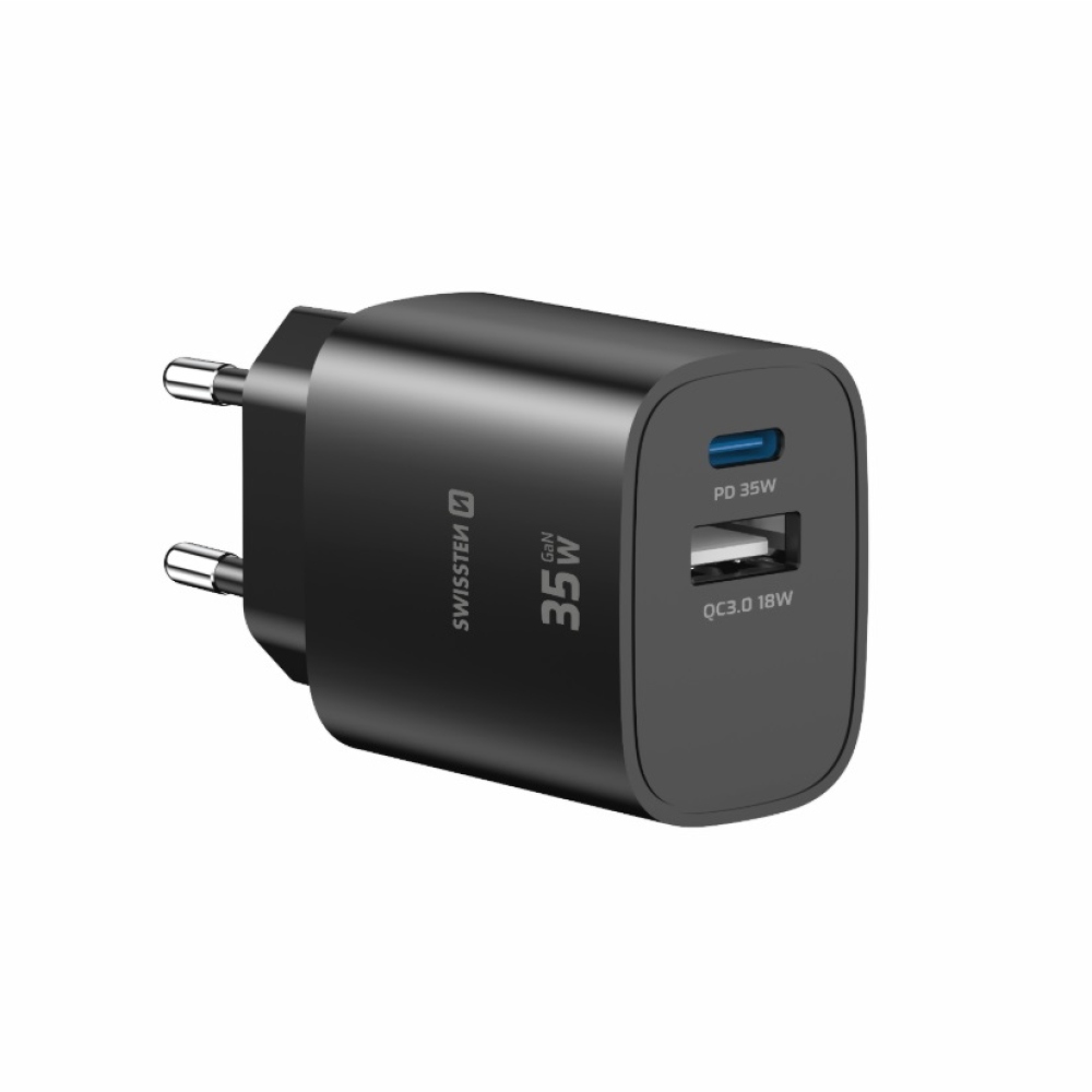 SWISSTEN edge GaN hálózati adapter 1x USB-C PD 35W + 1x USB-A 18W QC - fekete