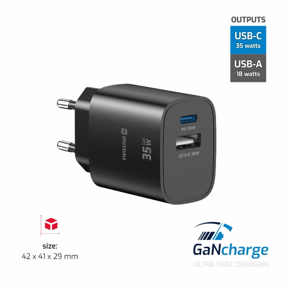 SWISSTEN edge GaN hálózati adapter 1x USB-C PD 35W + 1x USB-A 18W QC - fekete
