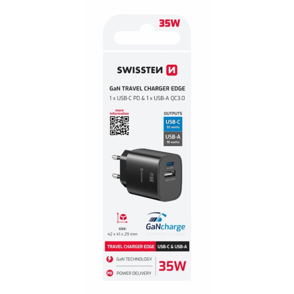 SWISSTEN edge GaN hálózati adapter 1x USB-C PD 35W + 1x USB-A 18W QC - fekete
