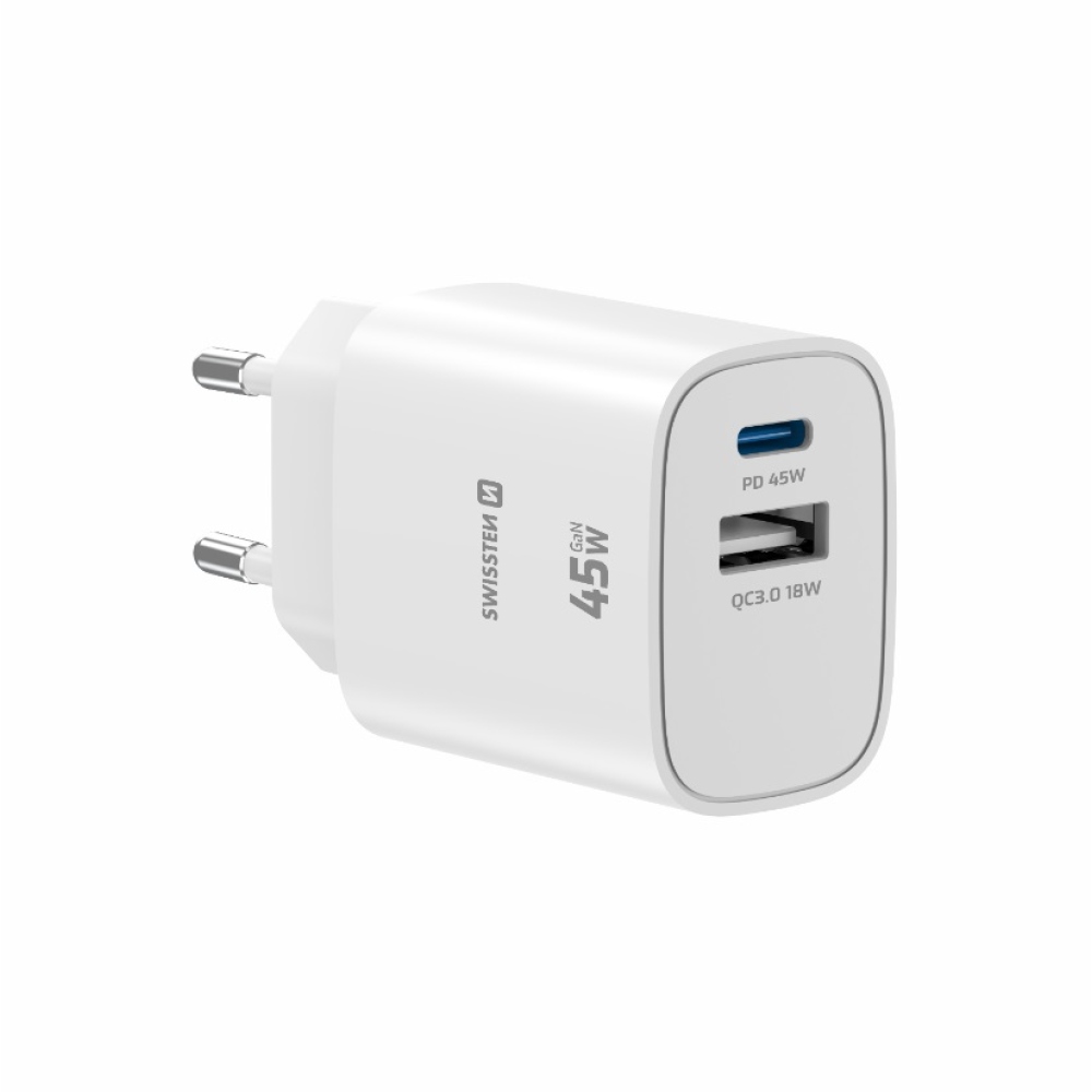 SWISSTEN edge GaN hálózati adapter 1x USB-C PD 45W + 1x USB-A 18W QC - fehér