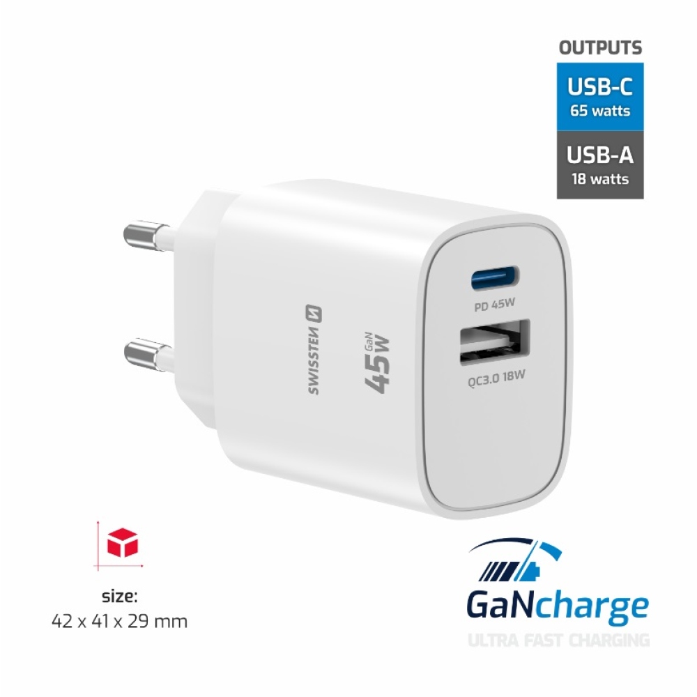 SWISSTEN edge GaN hálózati adapter 1x USB-C PD 45W + 1x USB-A 18W QC - fehér