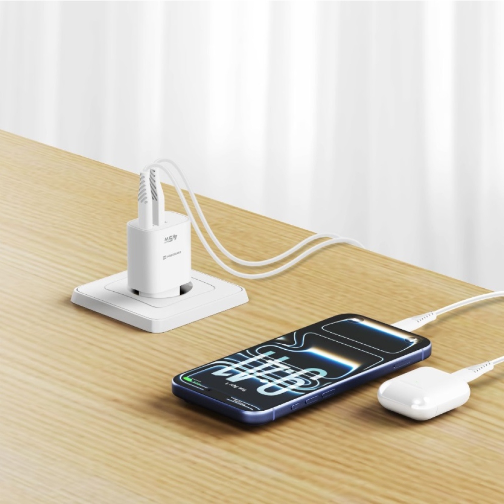 SWISSTEN edge GaN hálózati adapter 1x USB-C PD 45W + 1x USB-A 18W QC - fehér