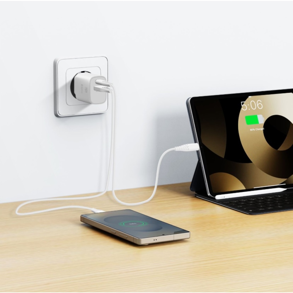 SWISSTEN edge GaN hálózati adapter 1x USB-C PD 45W + 1x USB-A 18W QC - fehér