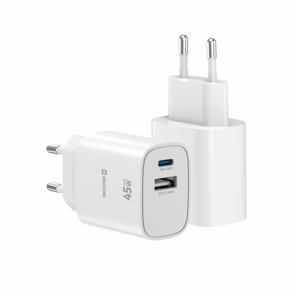 SWISSTEN edge GaN hálózati adapter 1x USB-C PD 45W + 1x USB-A 18W QC - fehér