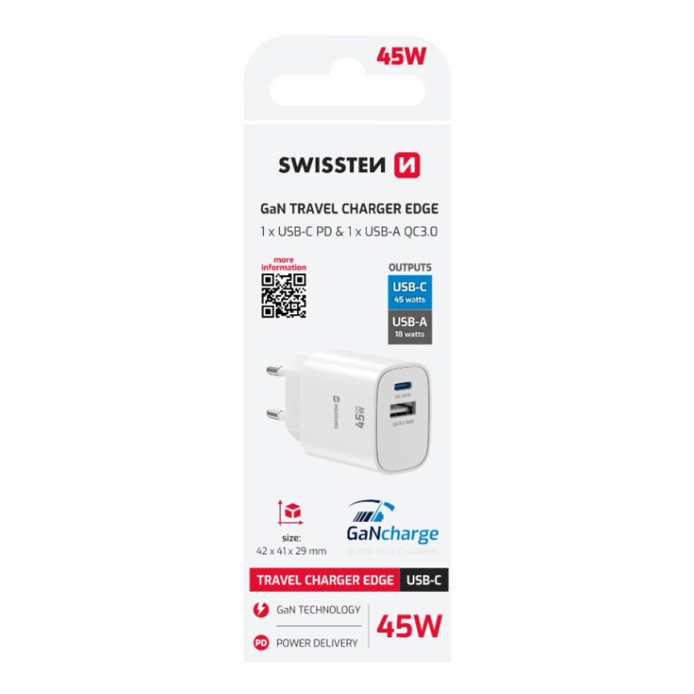 SWISSTEN edge GaN hálózati adapter 1x USB-C PD 45W + 1x USB-A 18W QC - fehér