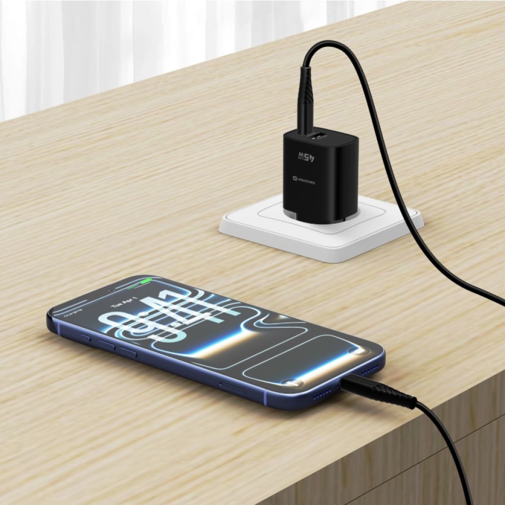 SWISSTEN edge GaN hálózati adapter 1x USB-C PD 45W + 1x USB-A 18W QC - fekete