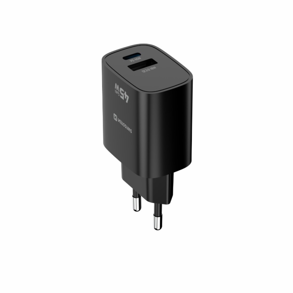 SWISSTEN edge GaN hálózati adapter 1x USB-C PD 45W + 1x USB-A 18W QC - fekete