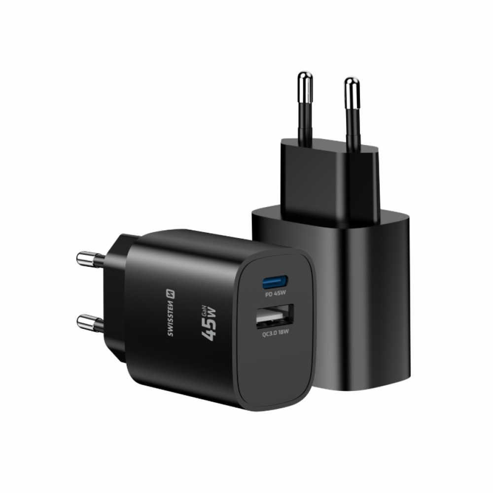 SWISSTEN edge GaN hálózati adapter 1x USB-C PD 45W + 1x USB-A 18W QC - fekete