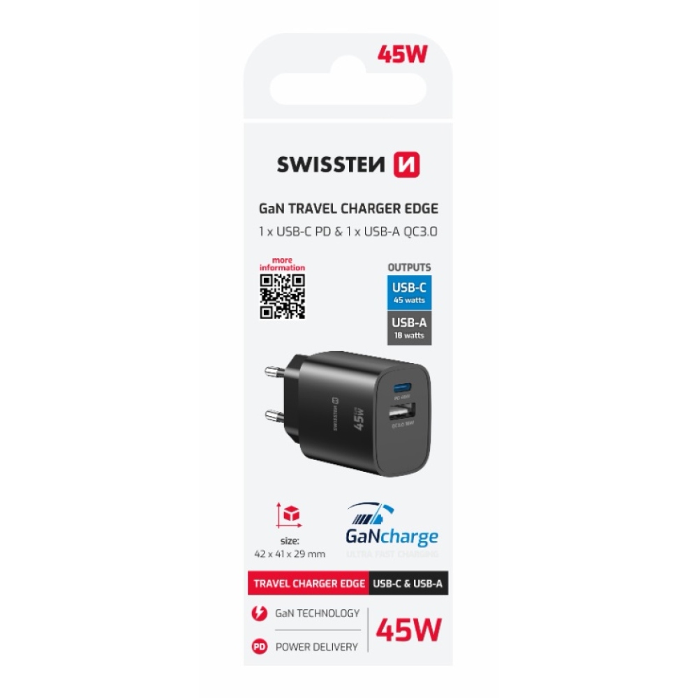 SWISSTEN edge GaN hálózati adapter 1x USB-C PD 45W + 1x USB-A 18W QC - fekete