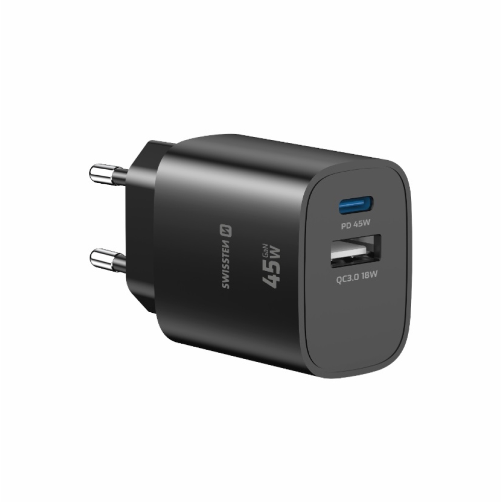 SWISSTEN edge GaN hálózati adapter 1x USB-C PD 45W + 1x USB-A 18W QC - fekete