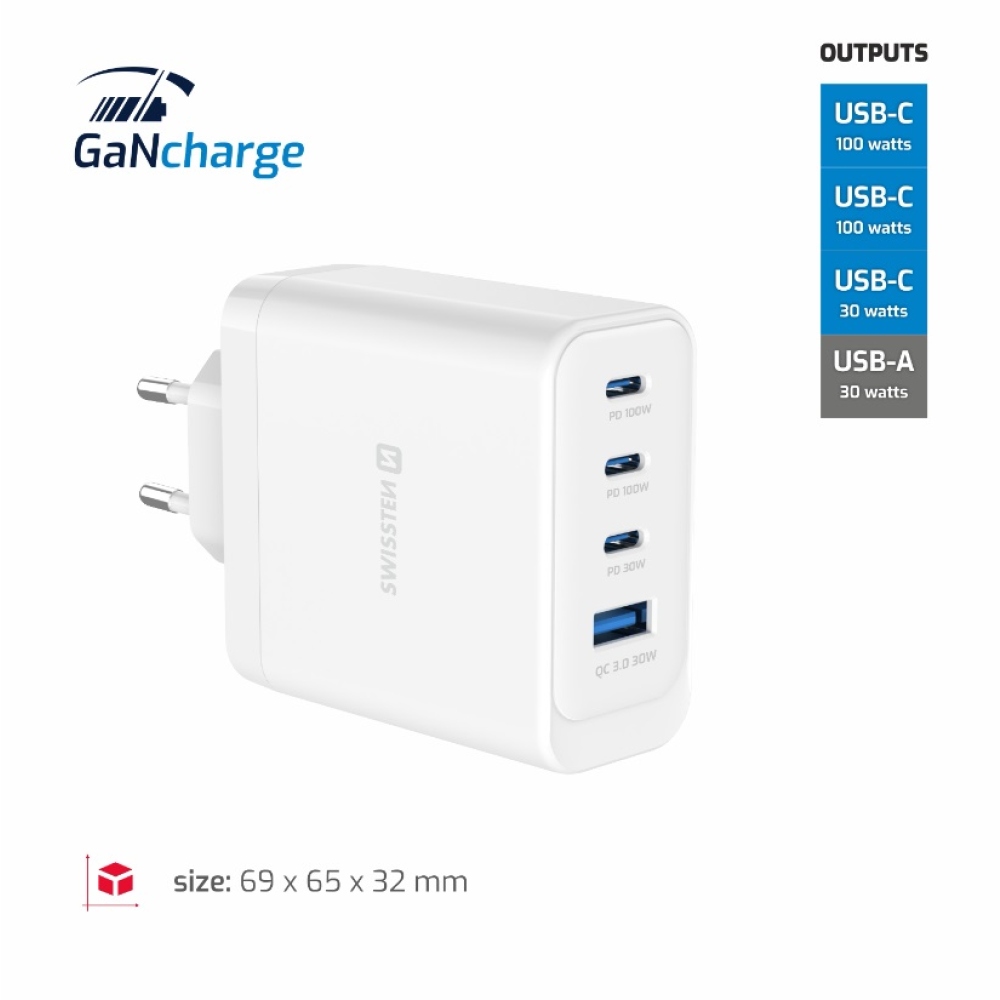 SWISSTEN edge GaN hálózati adapter 2x USB-C PD 100W + 1x USB-C PD 20W + 1x USB-A QC 30W QC - fehér