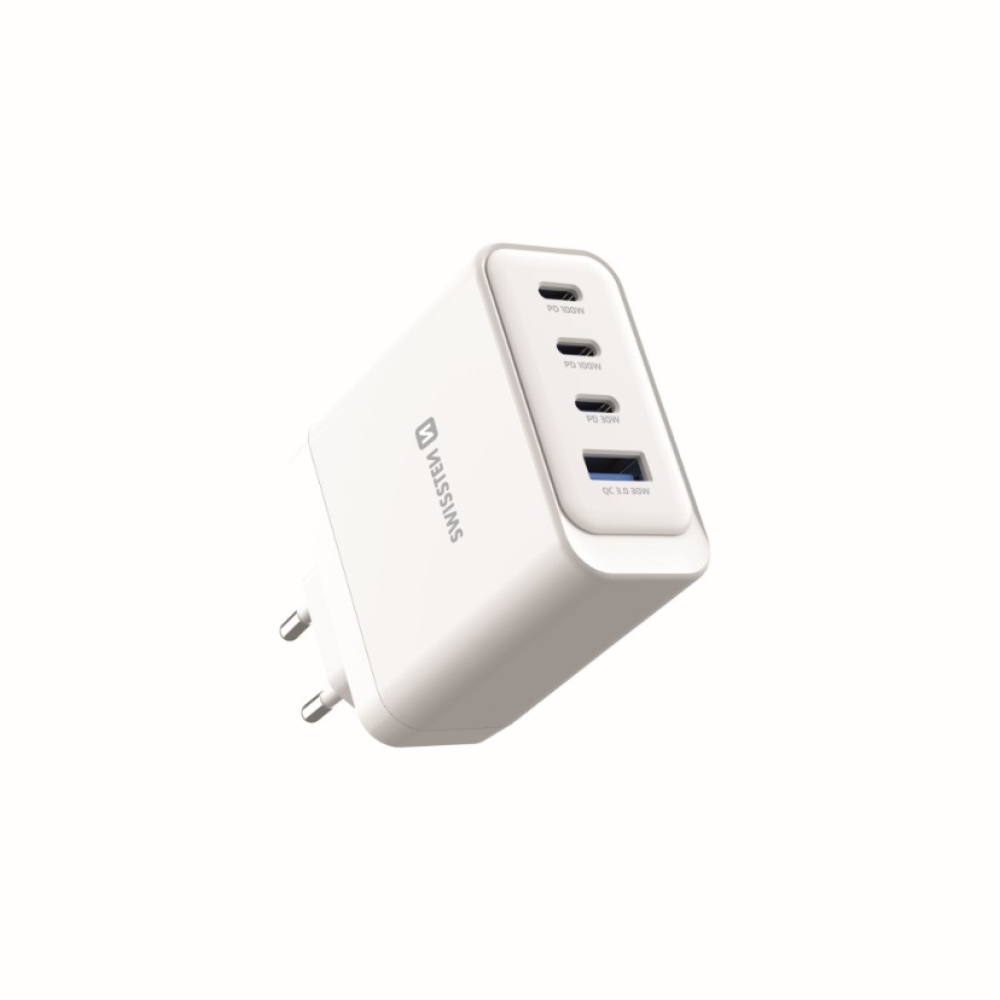 SWISSTEN edge GaN hálózati adapter 2x USB-C PD 100W + 1x USB-C PD 20W + 1x USB-A QC 30W QC - fehér