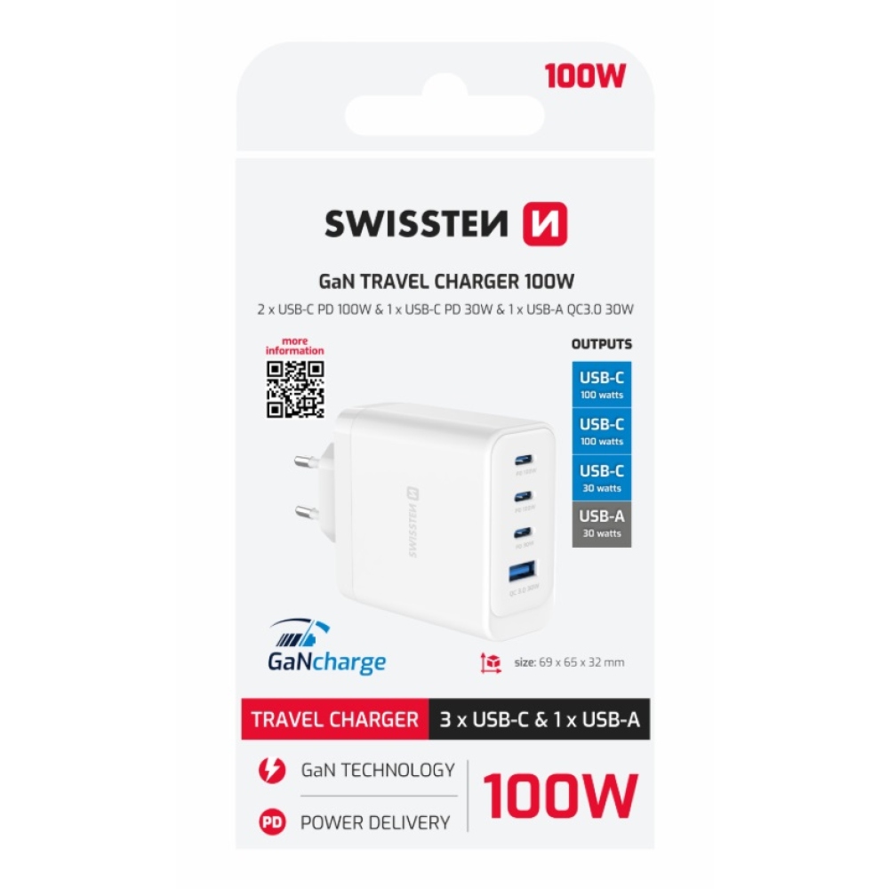 SWISSTEN edge GaN hálózati adapter 2x USB-C PD 100W + 1x USB-C PD 20W + 1x USB-A QC 30W QC - fehér