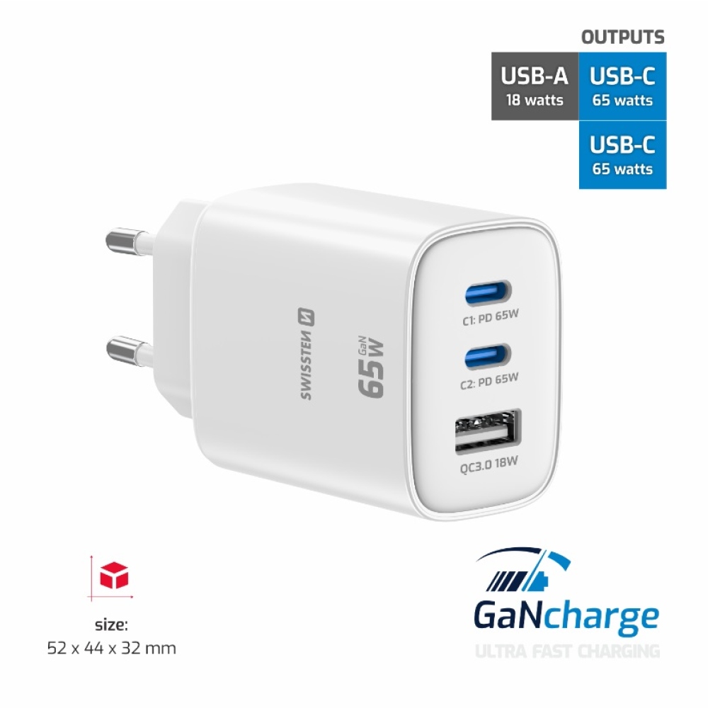 Swissten Edge Gan hálózati adapter 2x USB-C PD 65 W + 1x USB-A 18 W QC – fehér