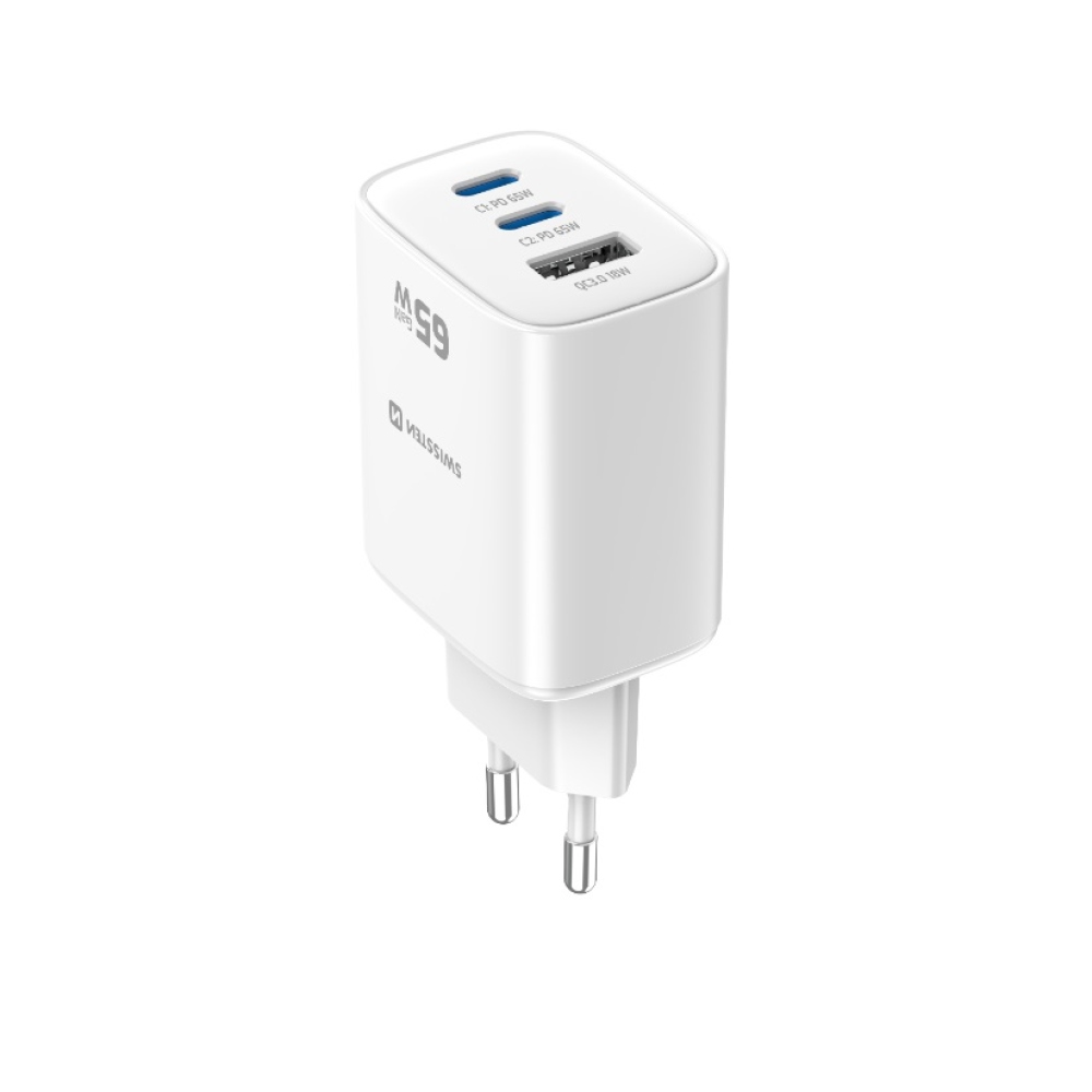 Swissten Edge Gan hálózati adapter 2x USB-C PD 65 W + 1x USB-A 18 W QC – fehér