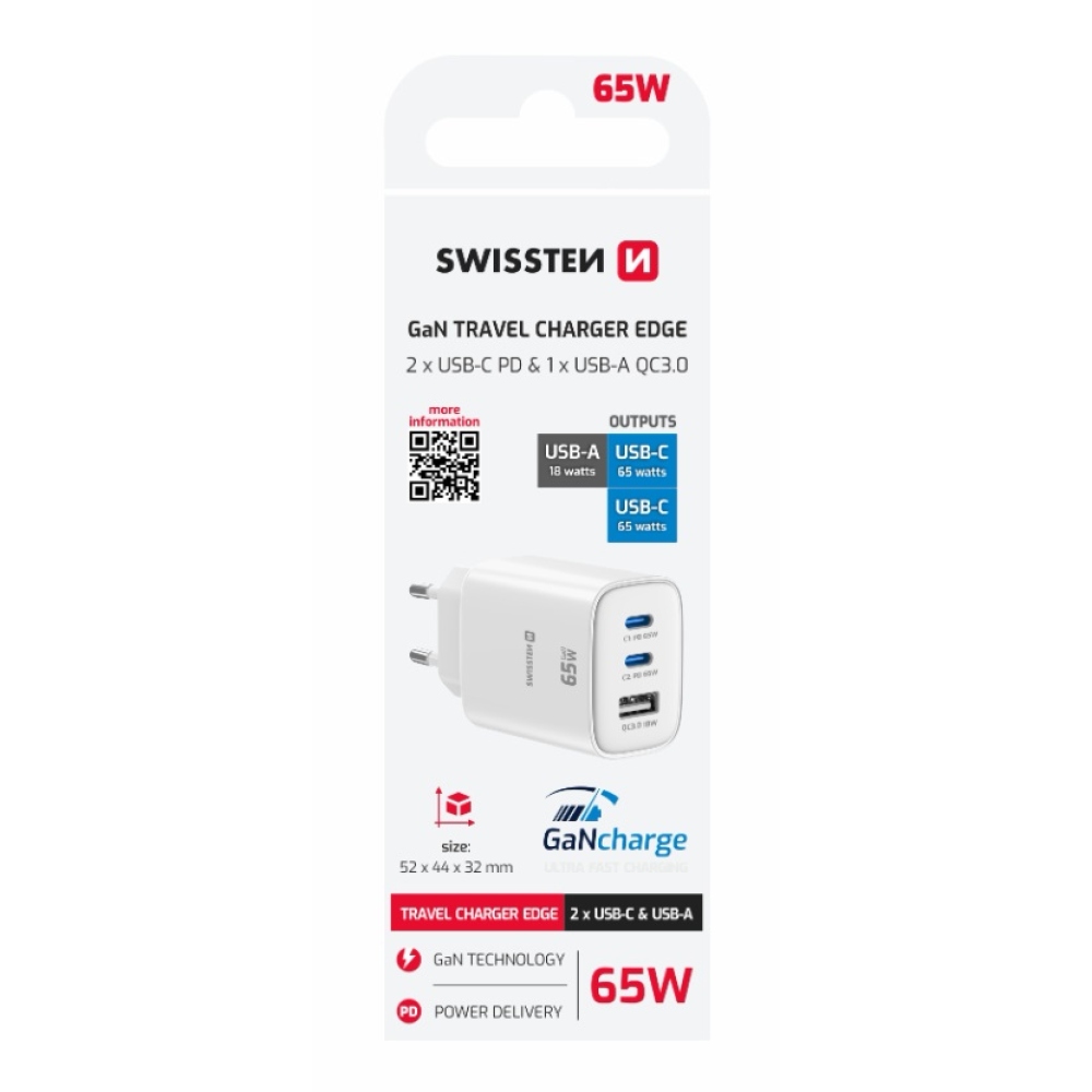 Swissten Edge Gan hálózati adapter 2x USB-C PD 65 W + 1x USB-A 18 W QC – fehér