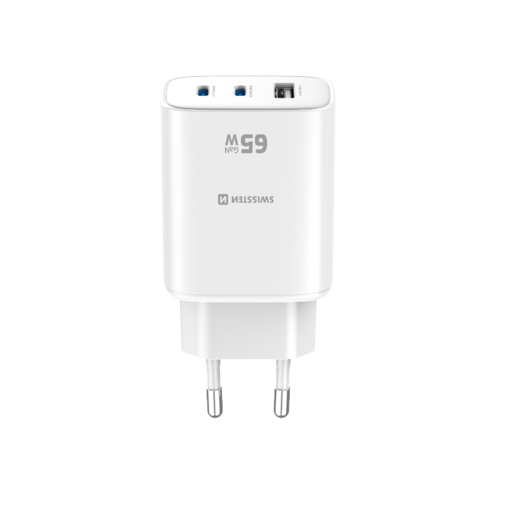 Swissten Edge Gan hálózati adapter 2x USB-C PD 65 W + 1x USB-A 18 W QC – fehér