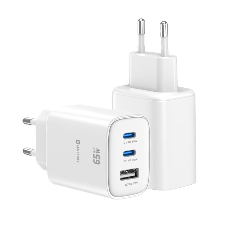 Swissten Edge Gan hálózati adapter 2x USB-C PD 65 W + 1x USB-A 18 W QC – fehér