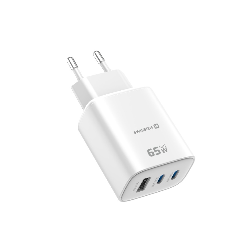 Swissten Edge Gan hálózati adapter 2x USB-C PD 65 W + 1x USB-A 18 W QC – fehér