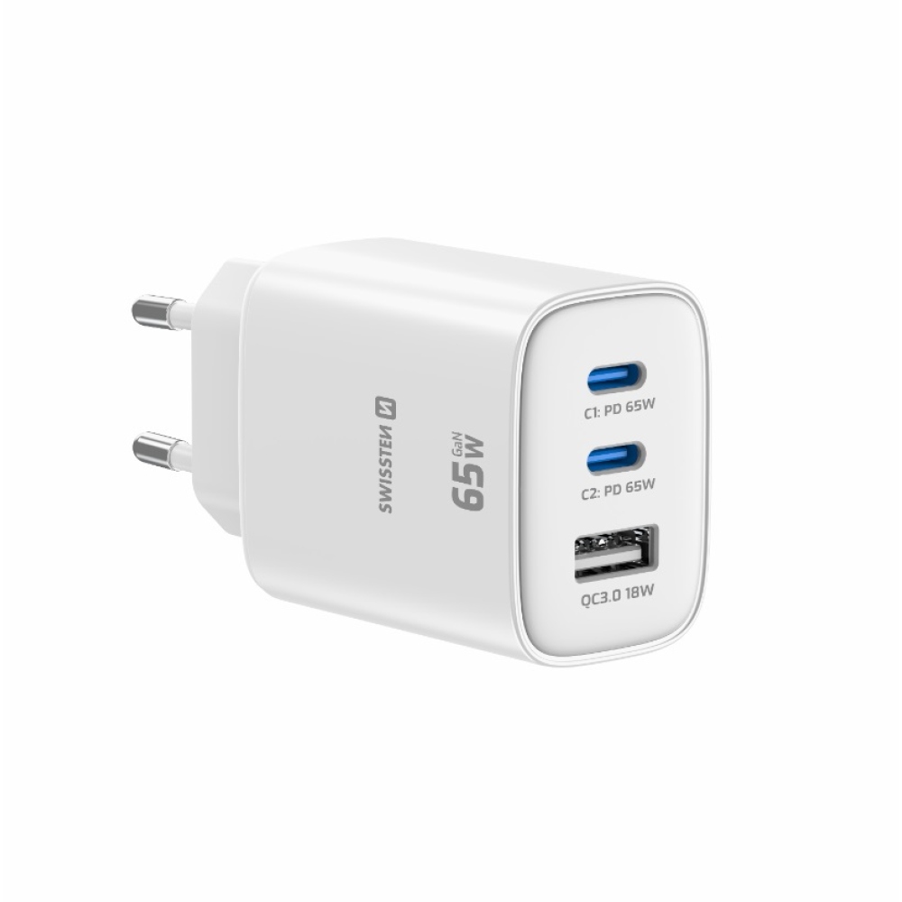 Swissten Edge Gan hálózati adapter 2x USB-C PD 65 W + 1x USB-A 18 W QC – fehér