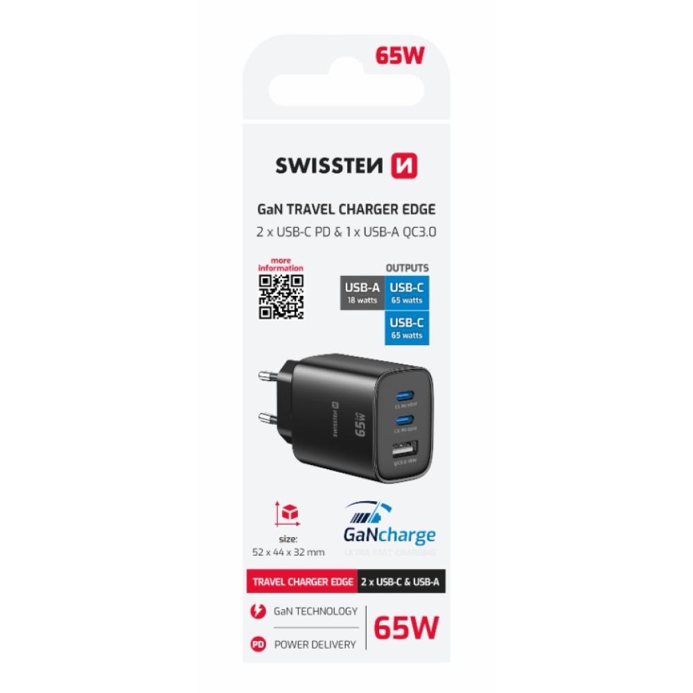 Swissten Edge Gan hálózati adapter 2x USB-C PD 65 W + 1x USB-A 18 W QC – fekete