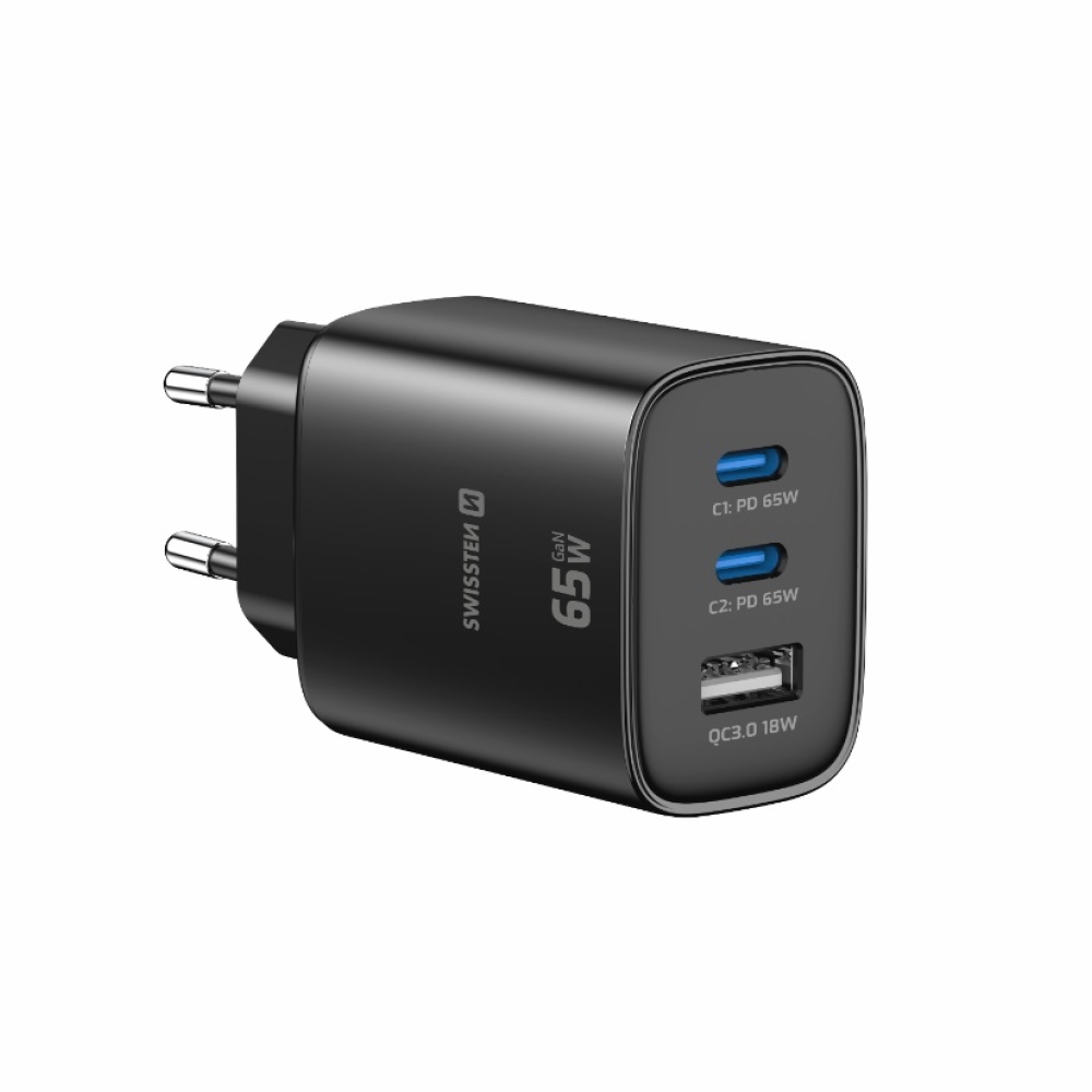 Swissten Edge Gan hálózati adapter 2x USB-C PD 65 W + 1x USB-A 18 W QC – fekete