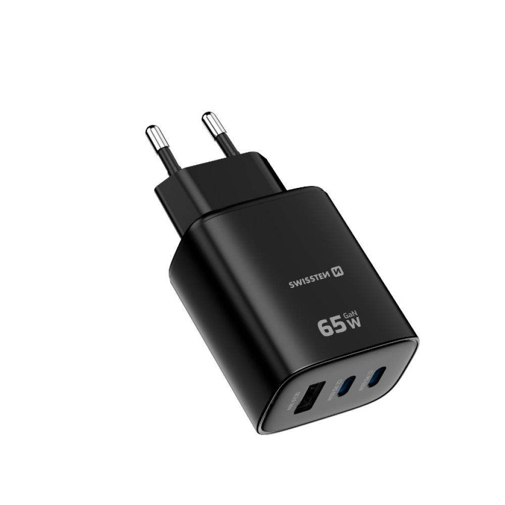 Swissten Edge Gan hálózati adapter 2x USB-C PD 65 W + 1x USB-A 18 W QC – fekete