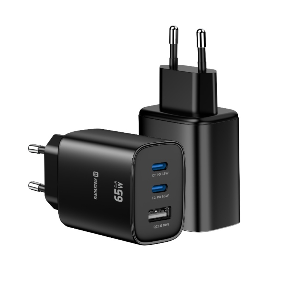 Swissten Edge Gan hálózati adapter 2x USB-C PD 65 W + 1x USB-A 18 W QC – fekete