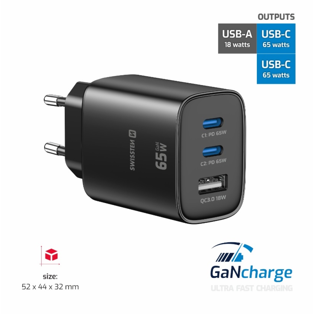Swissten Edge Gan hálózati adapter 2x USB-C PD 65 W + 1x USB-A 18 W QC – fekete