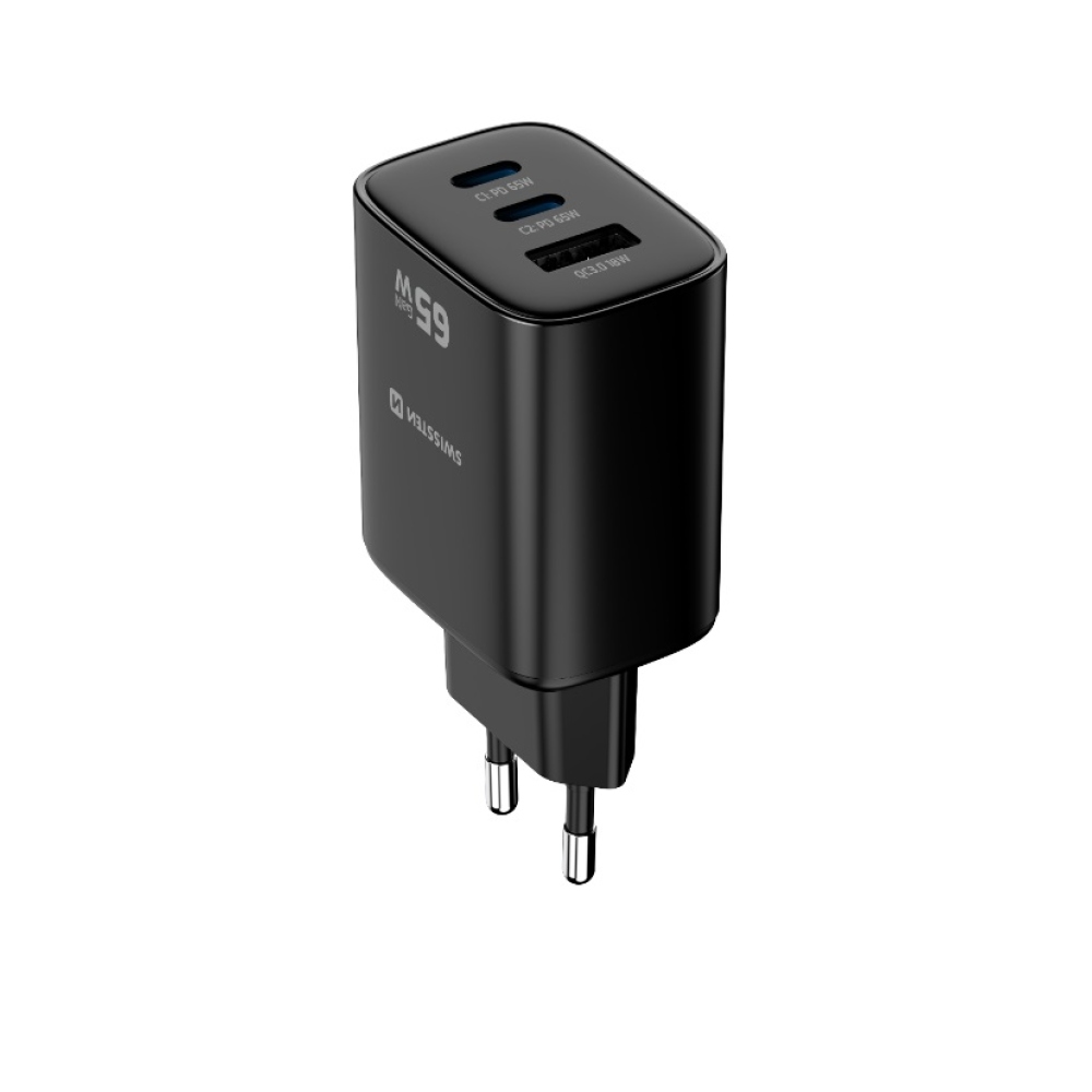 Swissten Edge Gan hálózati adapter 2x USB-C PD 65 W + 1x USB-A 18 W QC – fekete