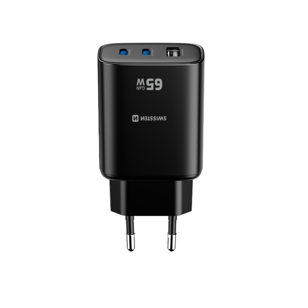 Swissten Edge Gan hálózati adapter 2x USB-C PD 65 W + 1x USB-A 18 W QC – fekete