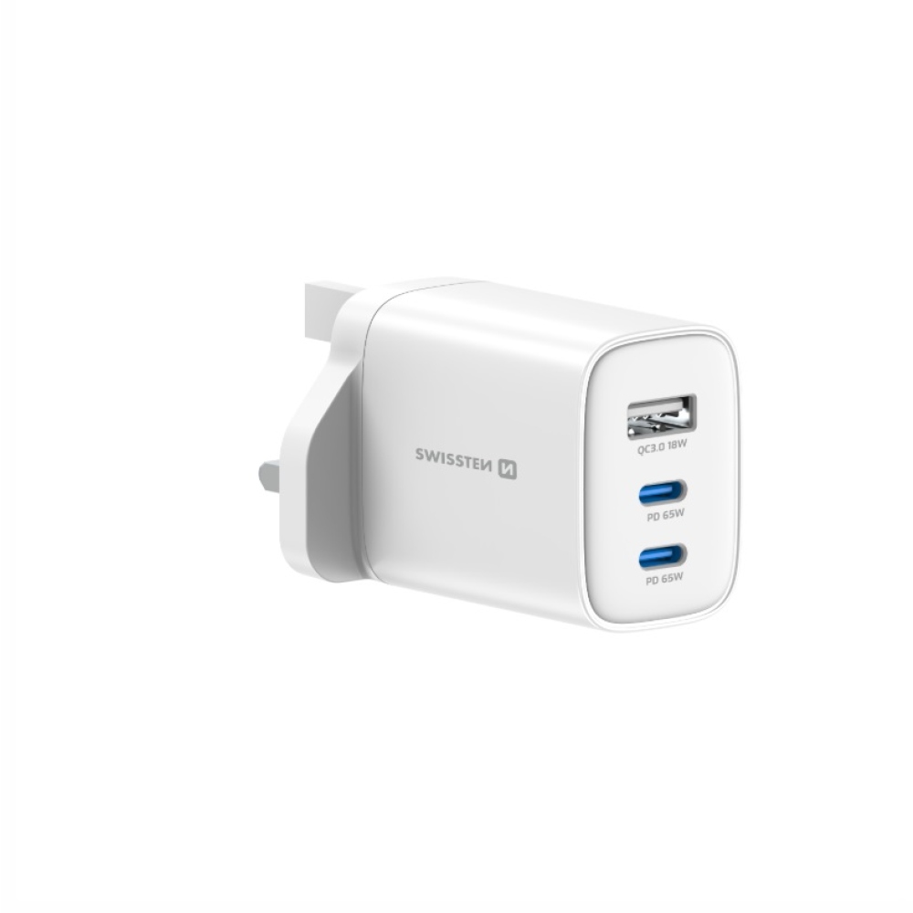 Swissten Edge Gan hálózati adapter, 2x USB-C PD 65 W + 1x USB-A 18 W QC, brit csatlakozóval – fehér