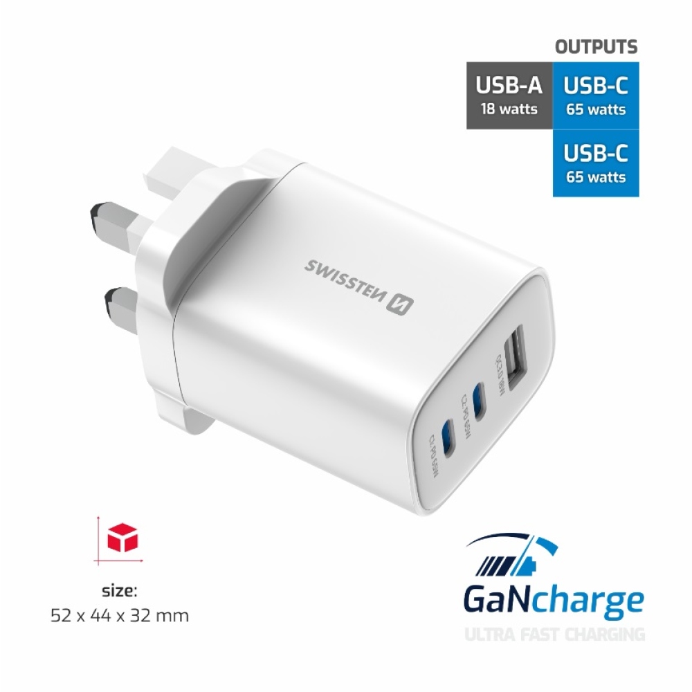 Swissten Edge Gan hálózati adapter, 2x USB-C PD 65 W + 1x USB-A 18 W QC, brit csatlakozóval – fehér