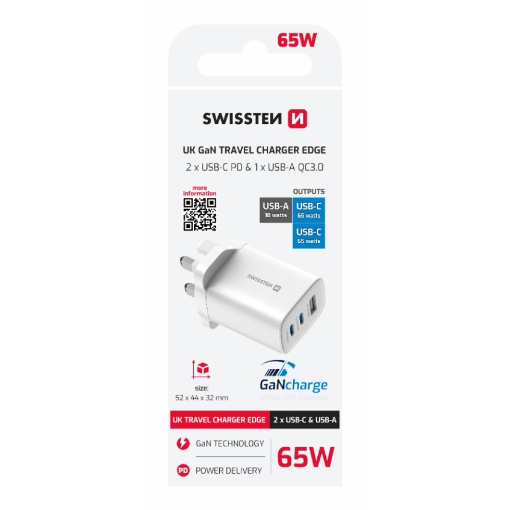 Swissten Edge Gan hálózati adapter, 2x USB-C PD 65 W + 1x USB-A 18 W QC, brit csatlakozóval – fehér