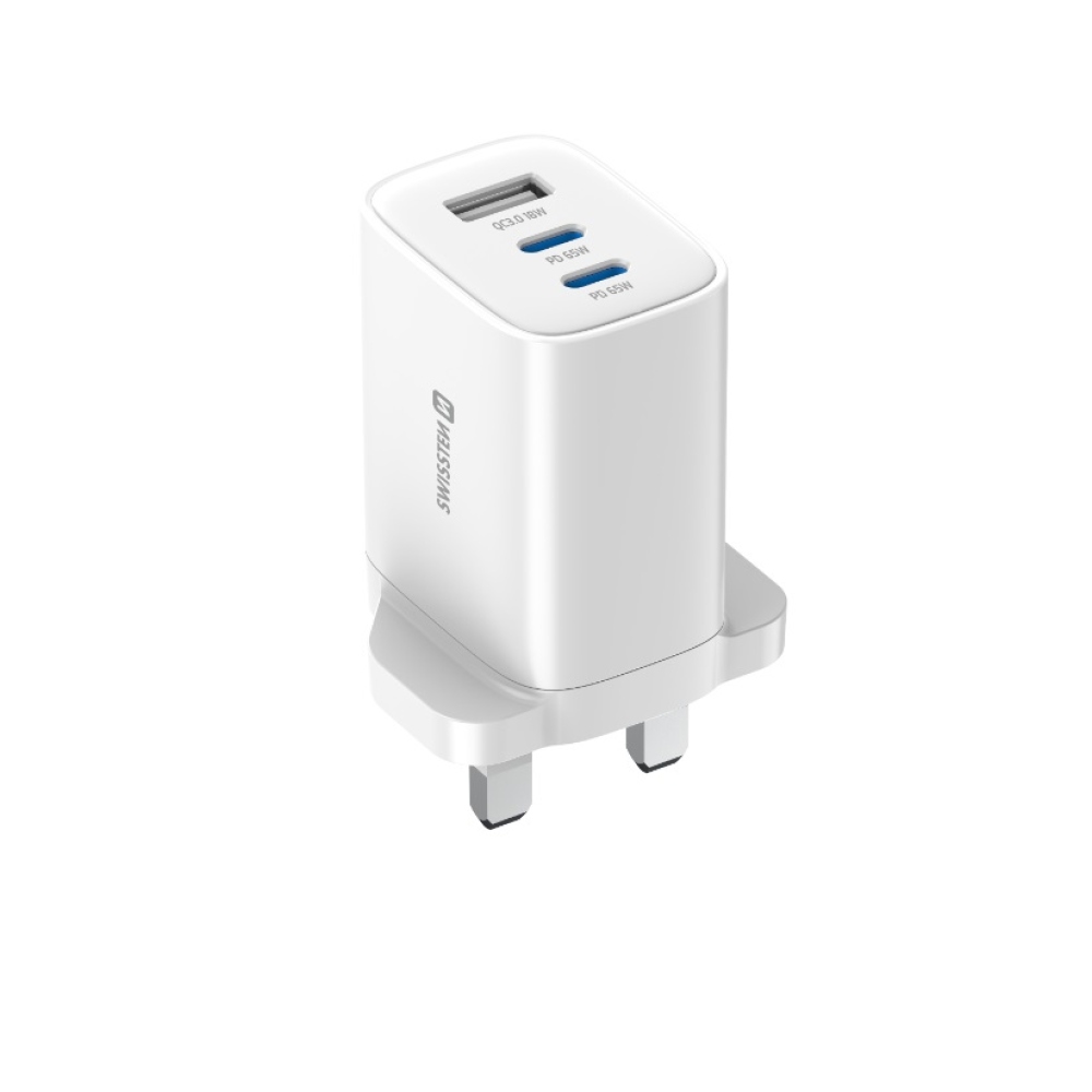 Swissten Edge Gan hálózati adapter, 2x USB-C PD 65 W + 1x USB-A 18 W QC, brit csatlakozóval – fehér