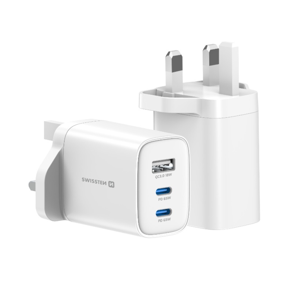 Swissten Edge Gan hálózati adapter, 2x USB-C PD 65 W + 1x USB-A 18 W QC, brit csatlakozóval – fehér