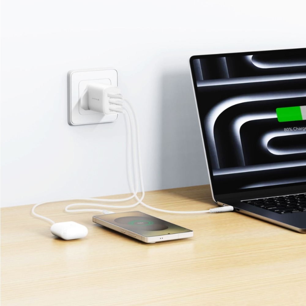Swissten Edge Gan hálózati adapter, 2x USB-C PD 65 W + 1x USB-A 18 W QC, brit csatlakozóval – fehér