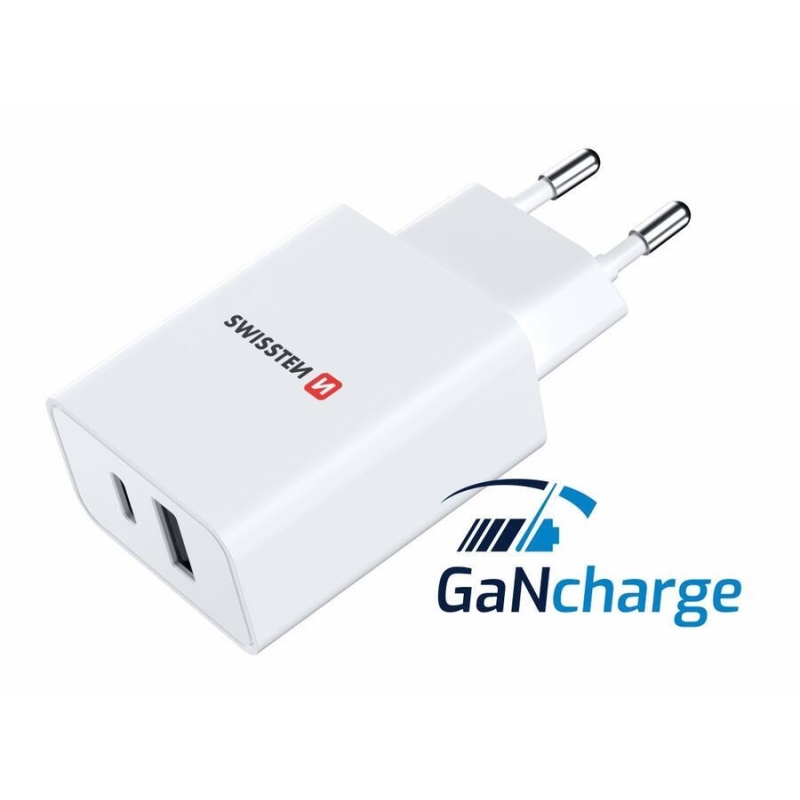 Swissten GaN hálózati adapter 1x USB-C + 1x USB 30W - fehér