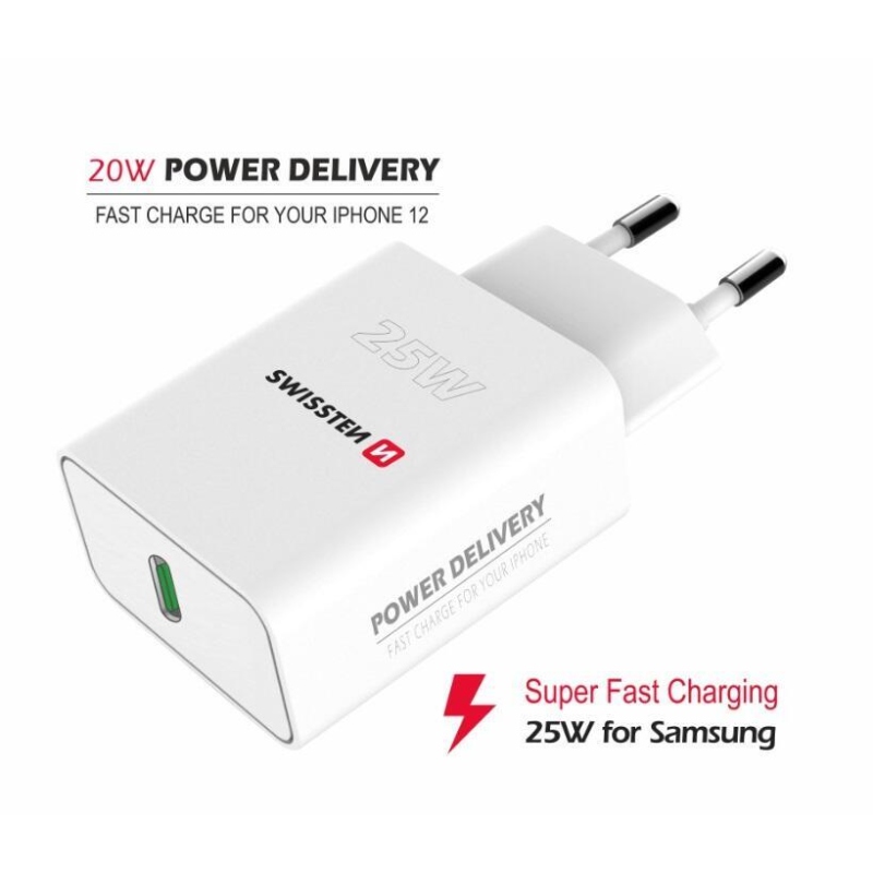 Swissten hálózati adapter PD 25W iPhone és Samsung készülékhez - Fehér színben