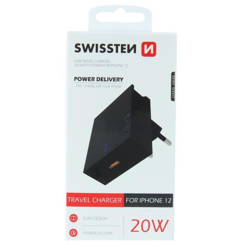 Swissten hálózati adapter iPhone tápellátáshoz 20W - fekete