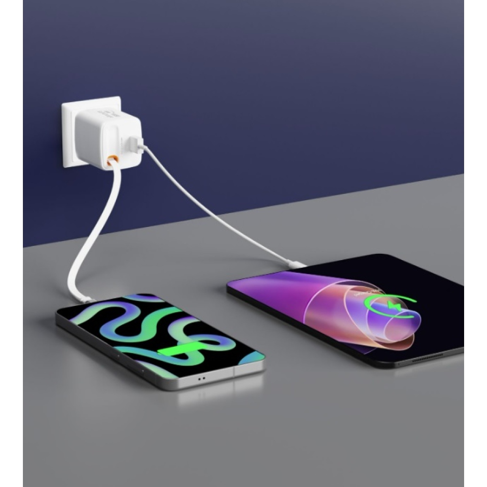 SWISSTEN hálózati adapter SlideCHARGE GaN 30W, 1x USB-A 18W visszahúzható USB-C kábellel 0,75m - fehér