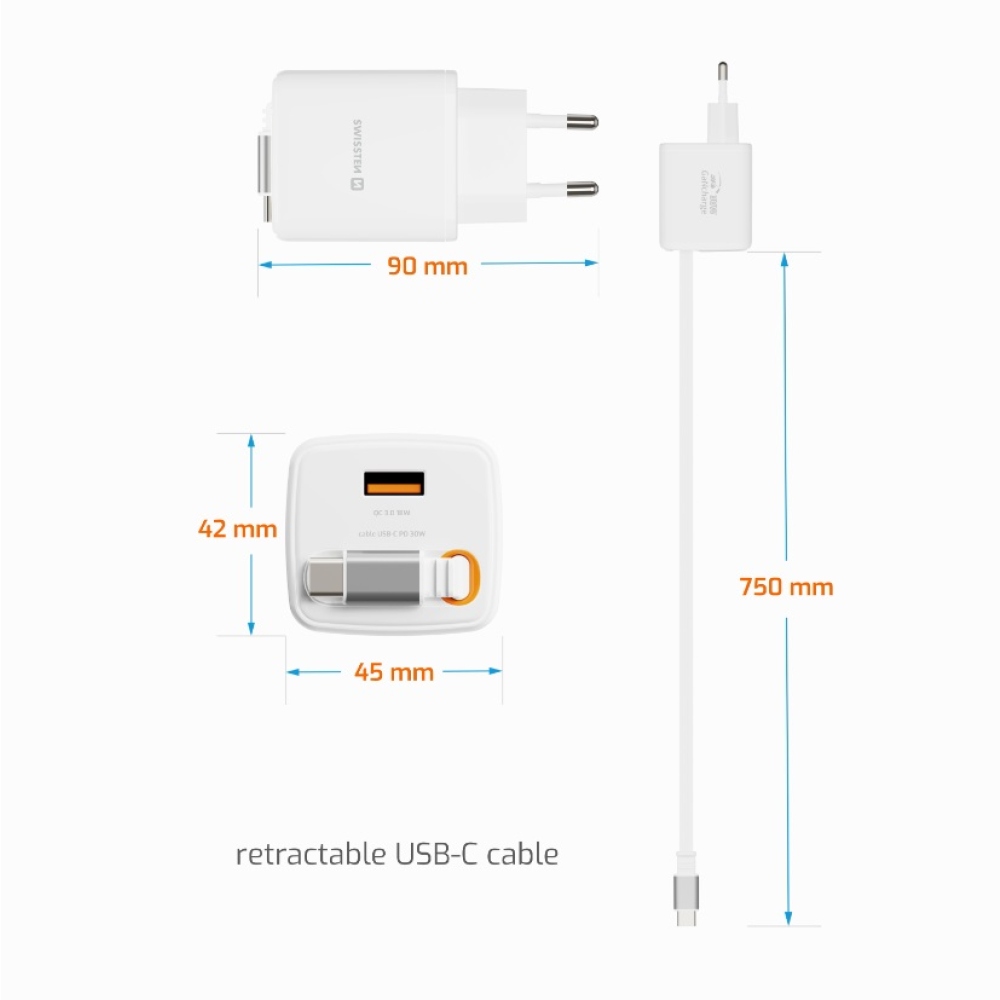 SWISSTEN hálózati adapter SlideCHARGE GaN 30W, 1x USB-A 18W visszahúzható USB-C kábellel 0,75m - fehér