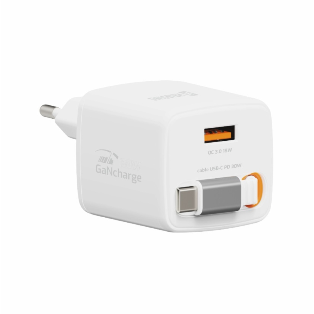 SWISSTEN hálózati adapter SlideCHARGE GaN 30W, 1x USB-A 18W visszahúzható USB-C kábellel 0,75m - fehér