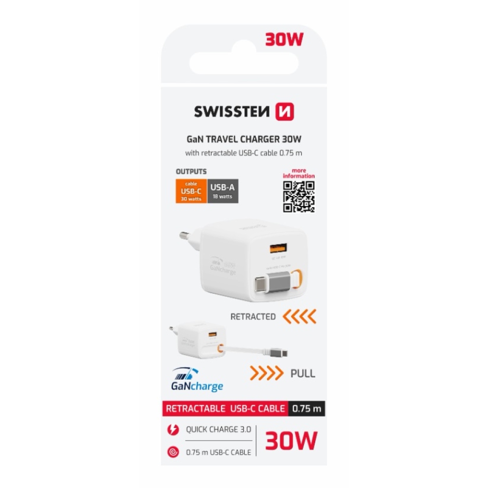 SWISSTEN hálózati adapter SlideCHARGE GaN 30W, 1x USB-A 18W visszahúzható USB-C kábellel 0,75m - fehér