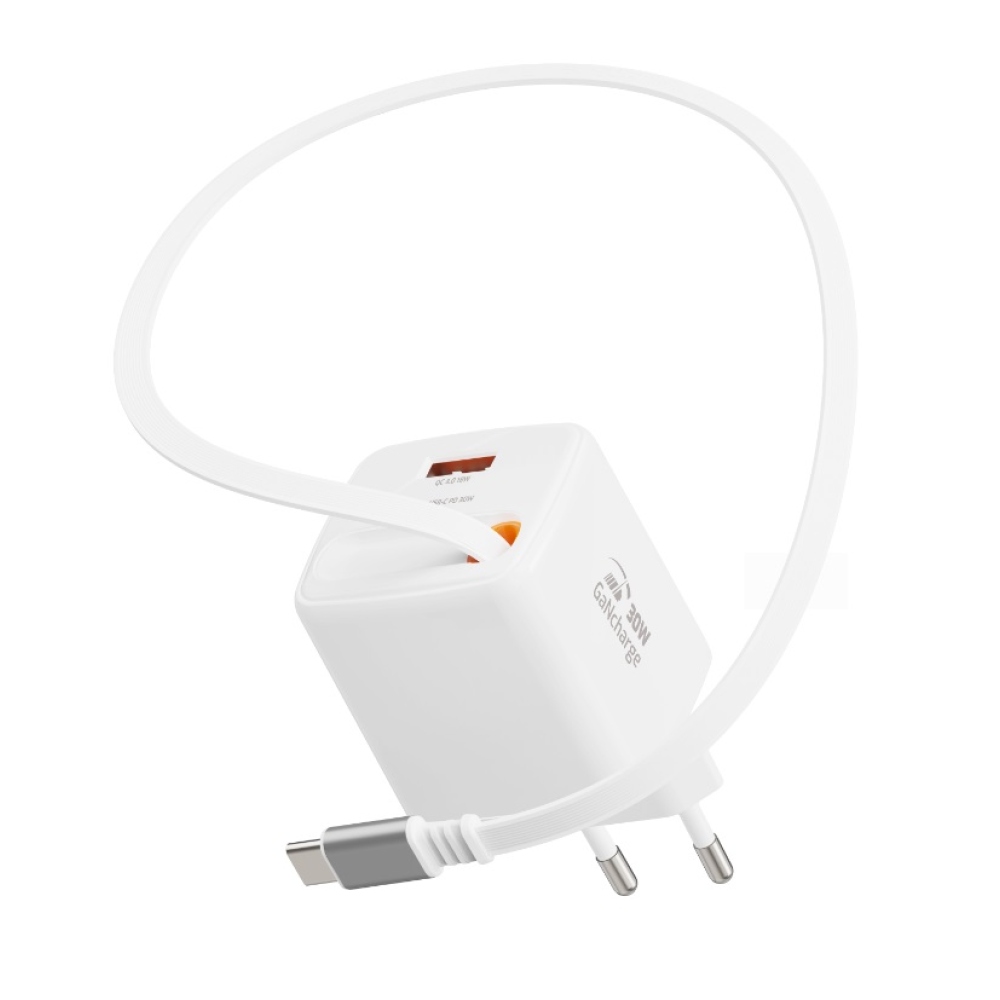 SWISSTEN hálózati adapter SlideCHARGE GaN 30W, 1x USB-A 18W visszahúzható USB-C kábellel 0,75m - fehér